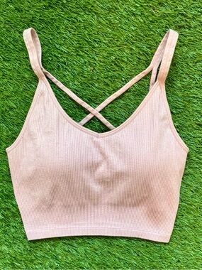 Lemon Ribbed Pink Strappy Sports Bra with Removable Cups Medium